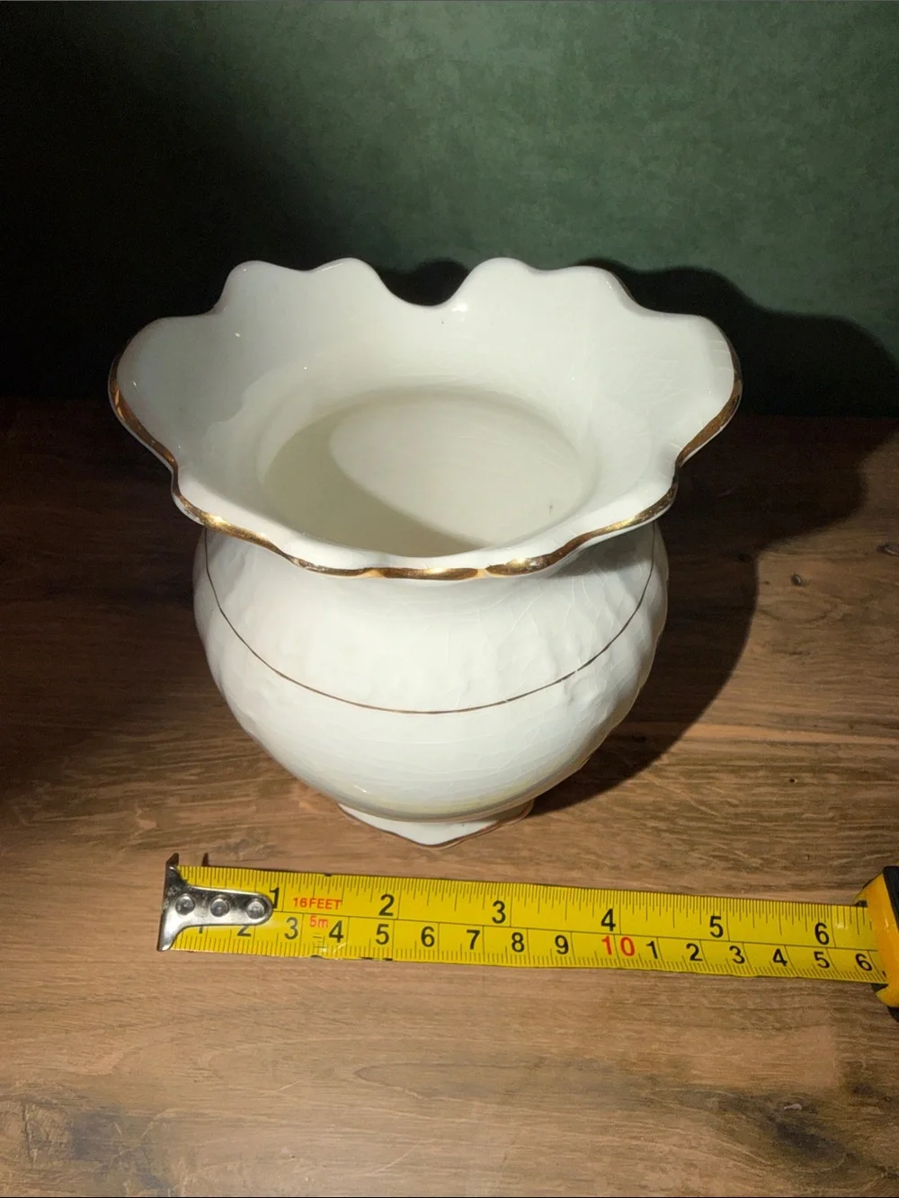 Smith Phillips Fenix White Ceramic Scalloped Rim Vase with Gold Trim